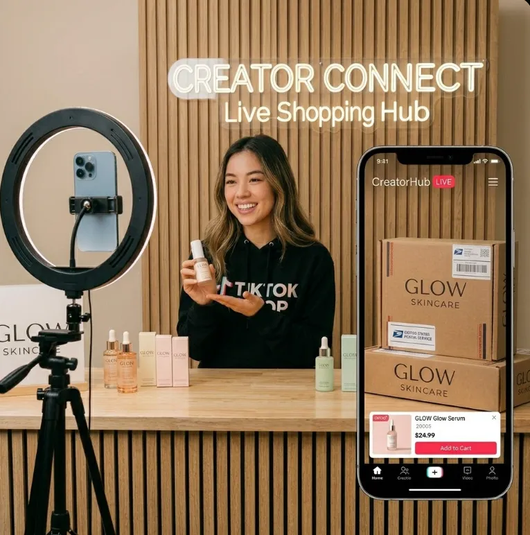 A woman hosting a live shopping event for Glow Skincare, holding a product bottle with skincare items on the table and a smartphone showing the product listing and purchase option.