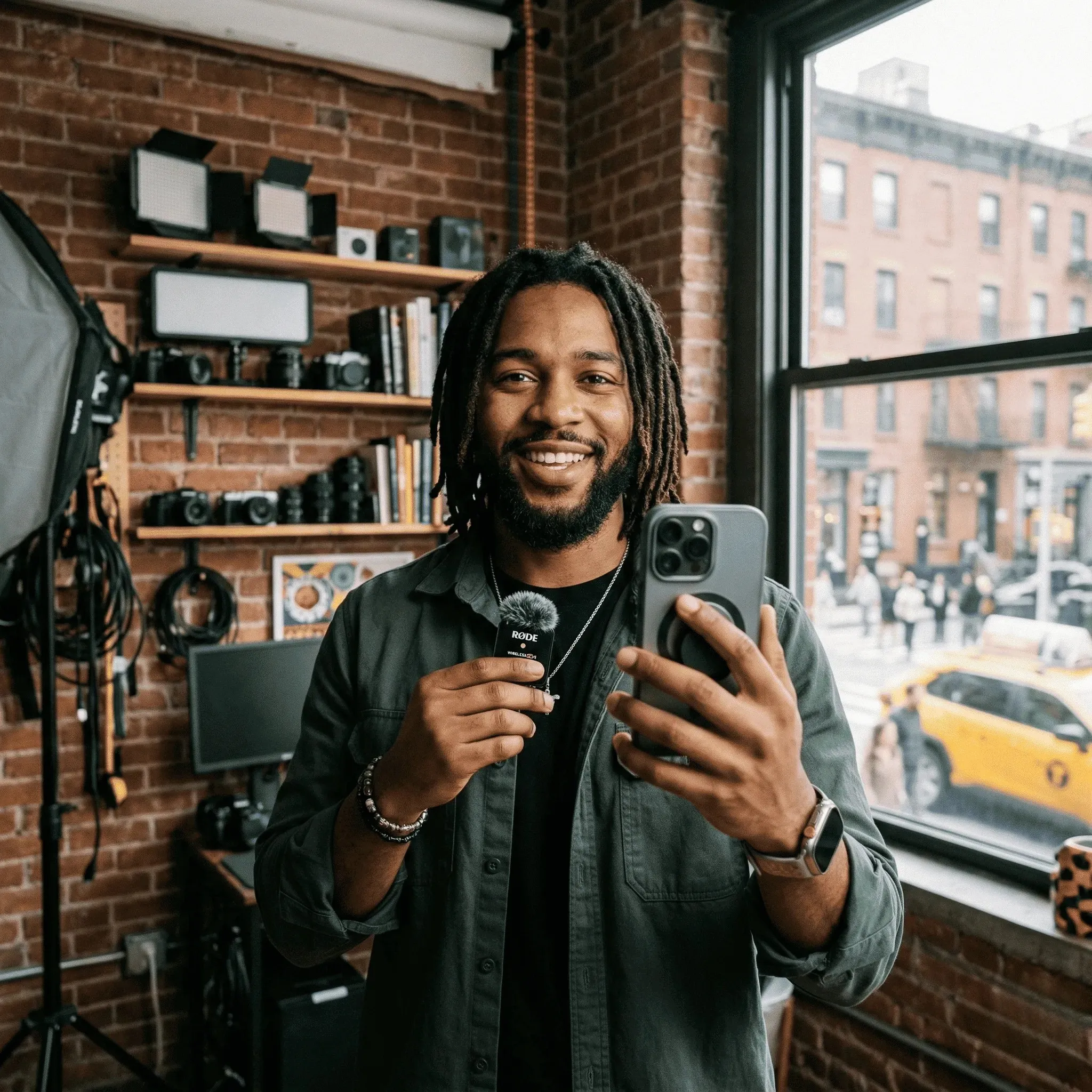 Smiling man with dreadlocks holding a phone and a microphone in a room with camera equipment and a window showing a street with a yellow taxi.