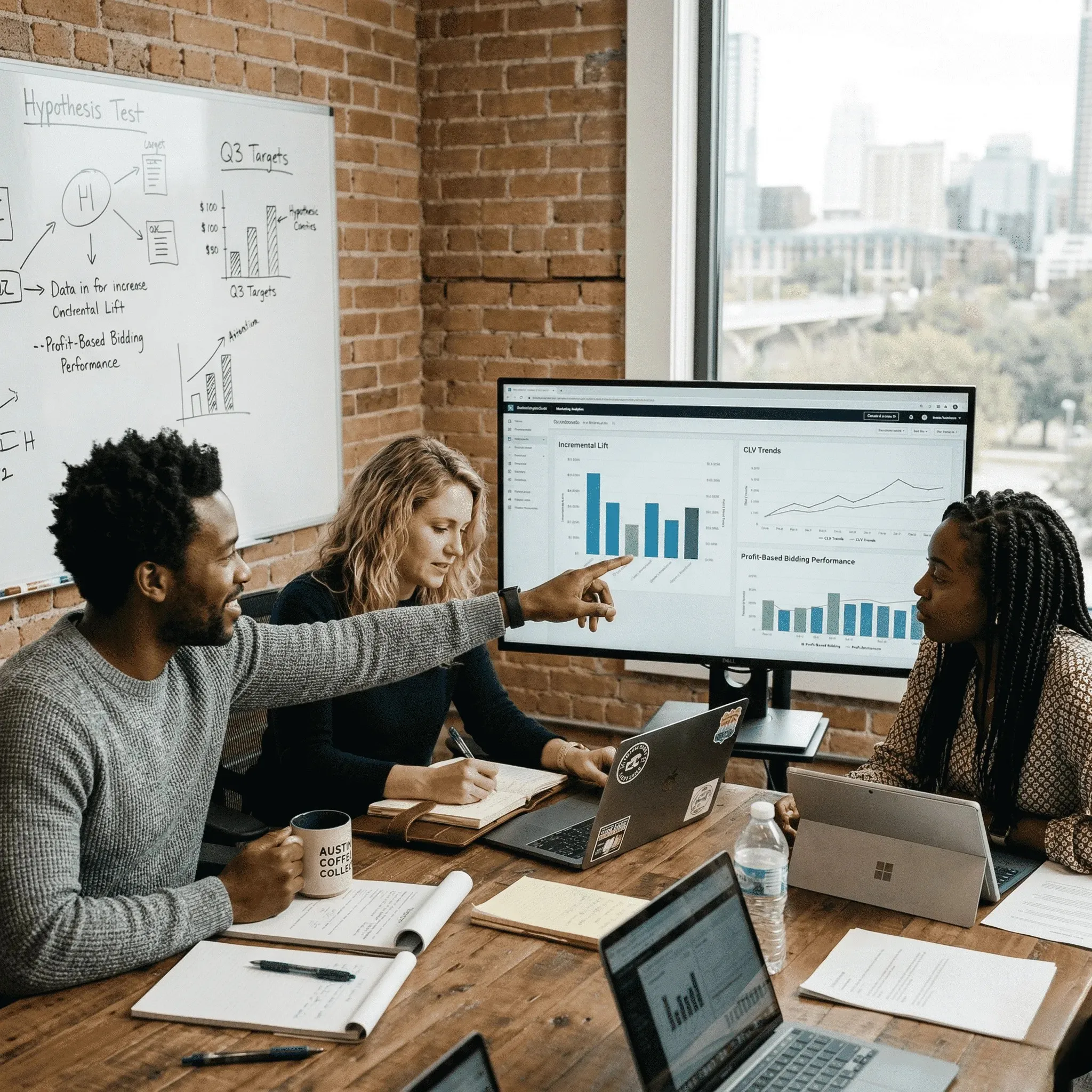 Three colleagues in a meeting room discussing marketing analytics charts displayed on a large monitor and a whiteboard.