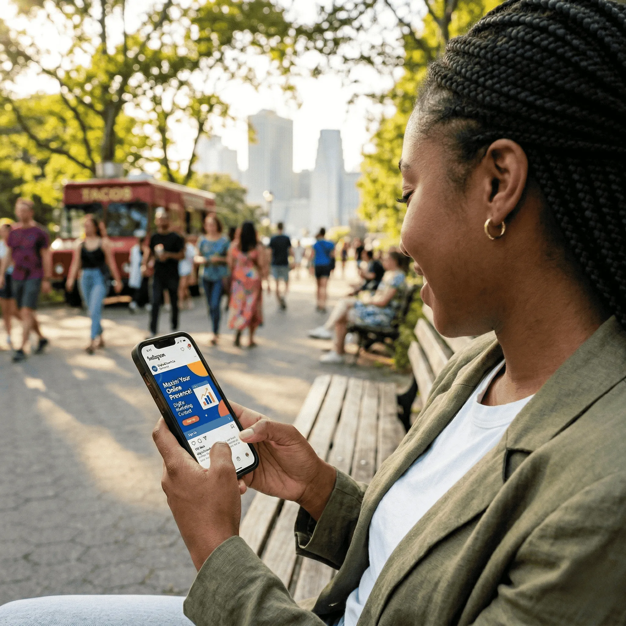 Woman sitting on a park bench using her smartphone to view a social media post about maximizing online presence.