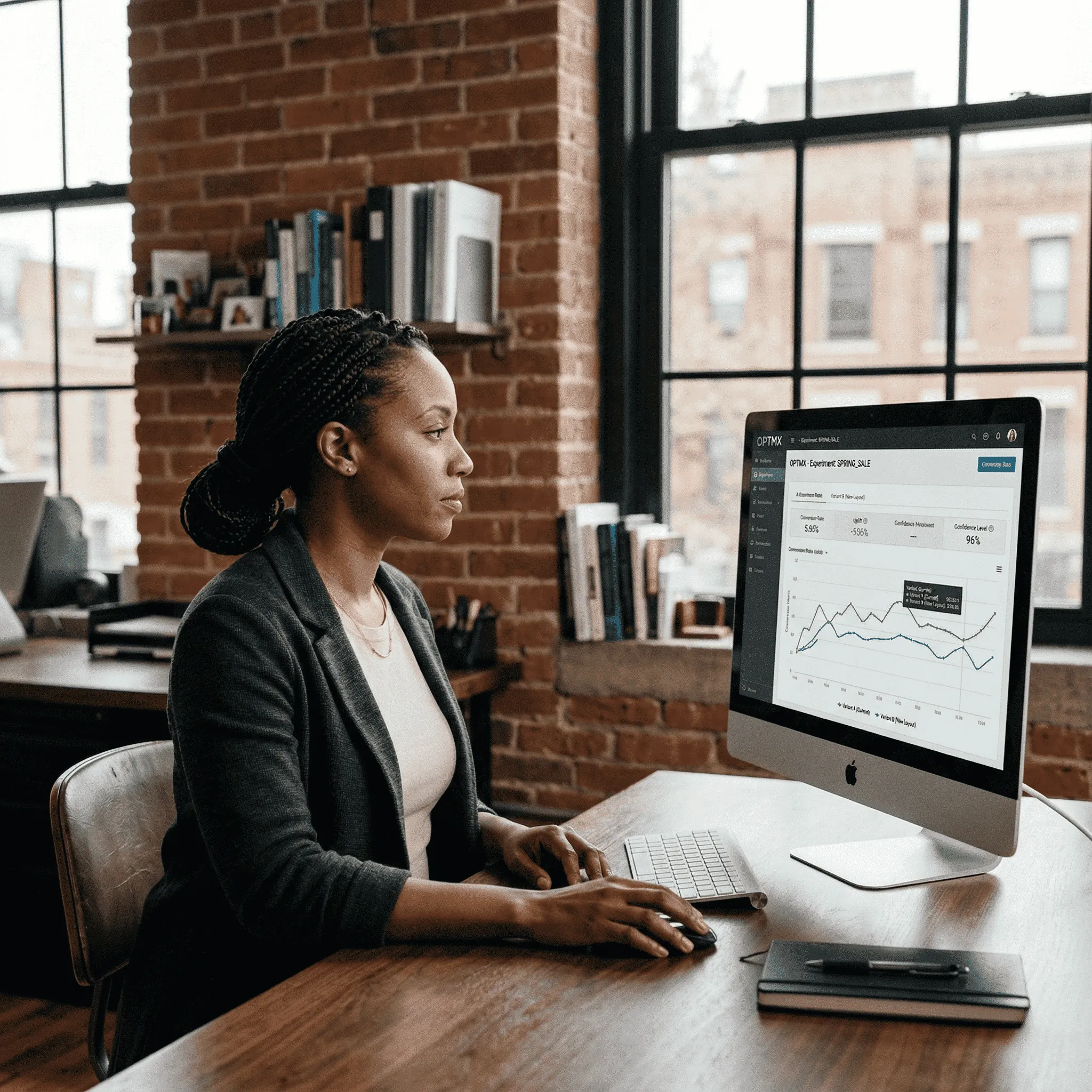 Woman in business casual attire working on a desktop computer displaying a graph labeled OPTMX Experiment SPRING_SALE in a modern office with brick walls.
