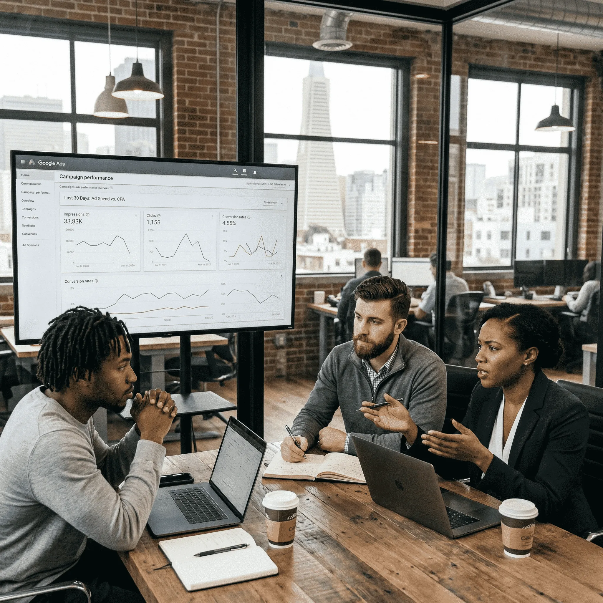 Three colleagues in a modern office discussing Google Ads campaign performance shown on a large screen.