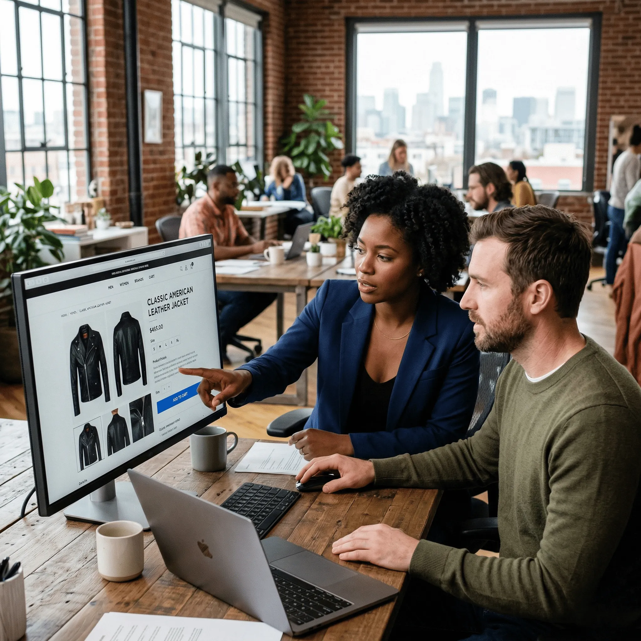 Two colleagues reviewing a classic American leather jacket product page on a large desktop monitor in a modern office.