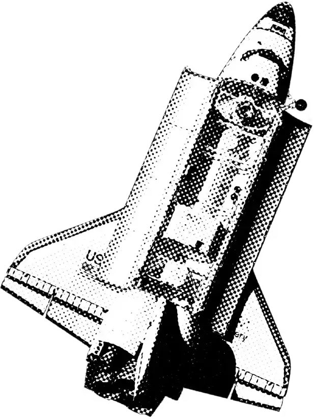 Diagram of a space shuttle with labels indicating its external tank, solid rocket boosters, and orbiter components.