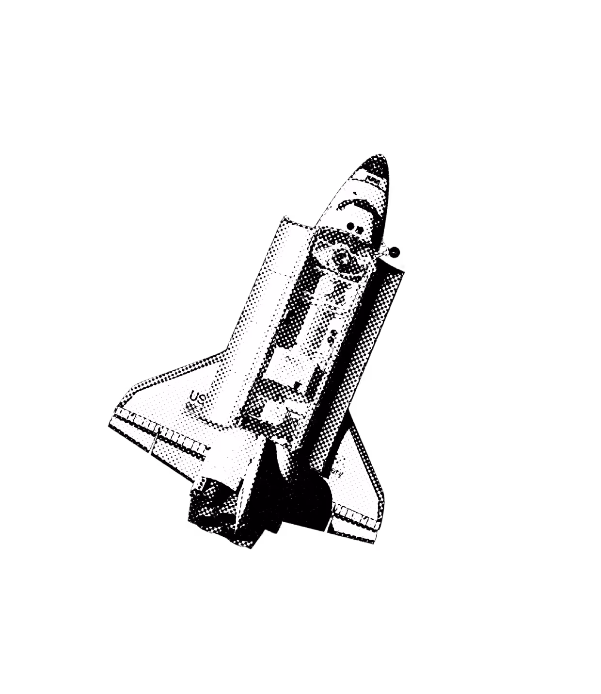 Diagram of a space shuttle with labels indicating its external tank, solid rocket boosters, and orbiter components.