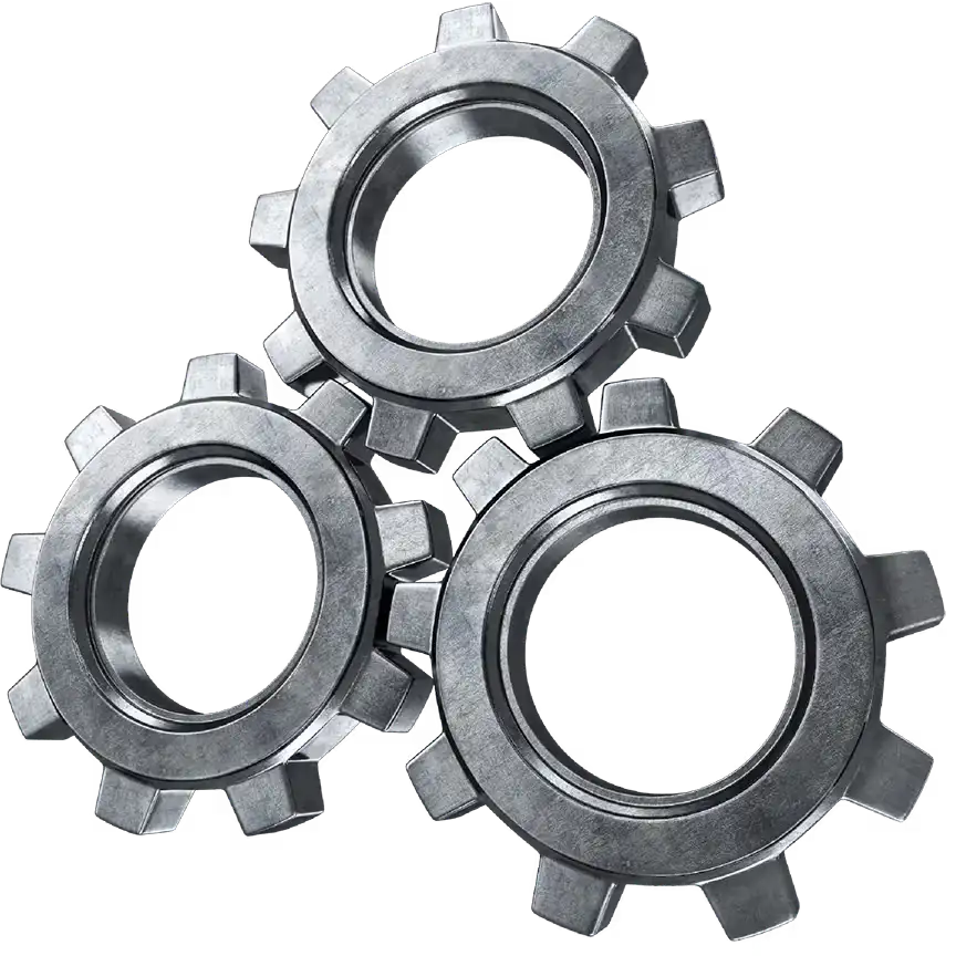 Three interlocking metallic gears arranged in a triangular pattern.