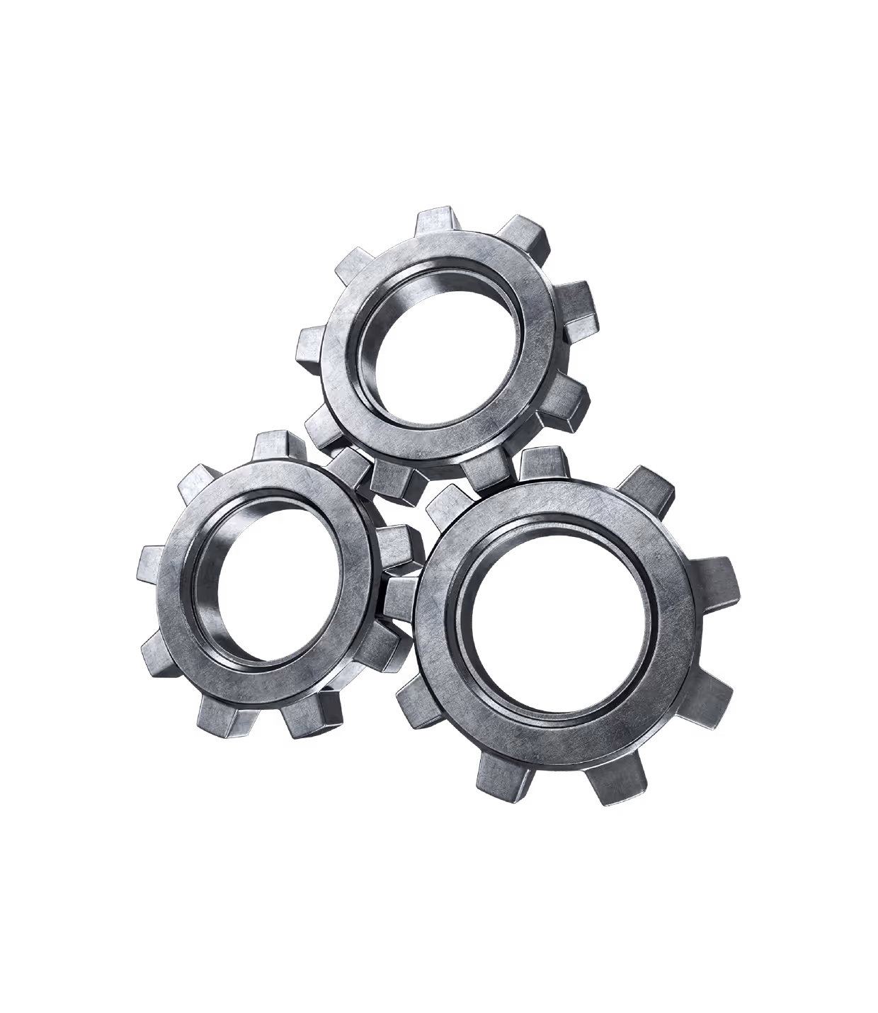 Three interlocking metallic gears arranged in a triangular pattern.