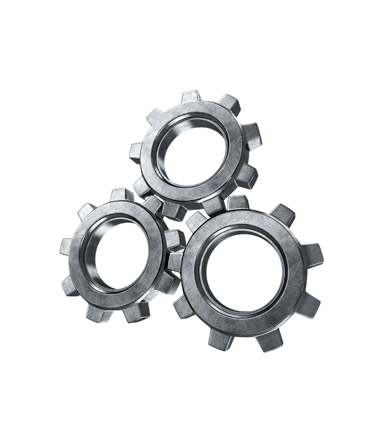Three interlocking metallic gears arranged in a triangular pattern.