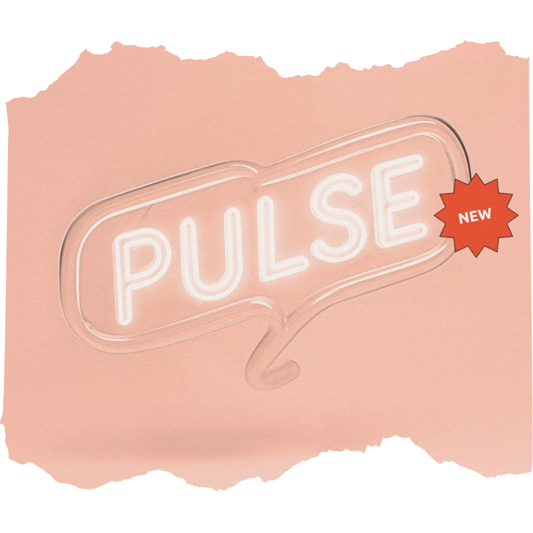 Eine Sprechblase aus Glase mit Neonbuchstaben, die "PULSE" schreiben. 