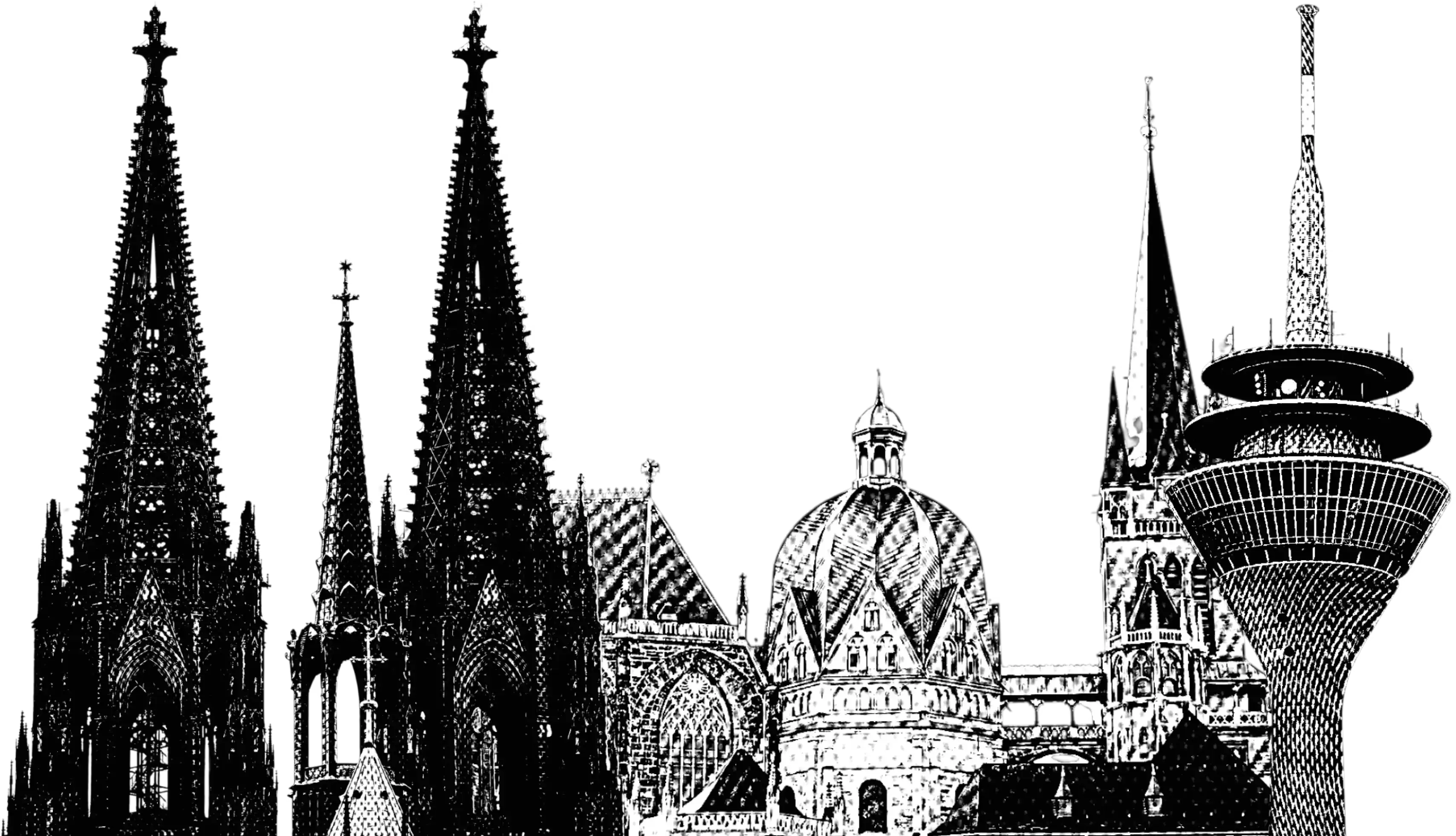 Black and white detailed illustration of Cologne city skyline featuring the Cologne Cathedral with its twin spires, Aachen domed buildings, and the Rhine Tower communications tower from Düsseldorf.