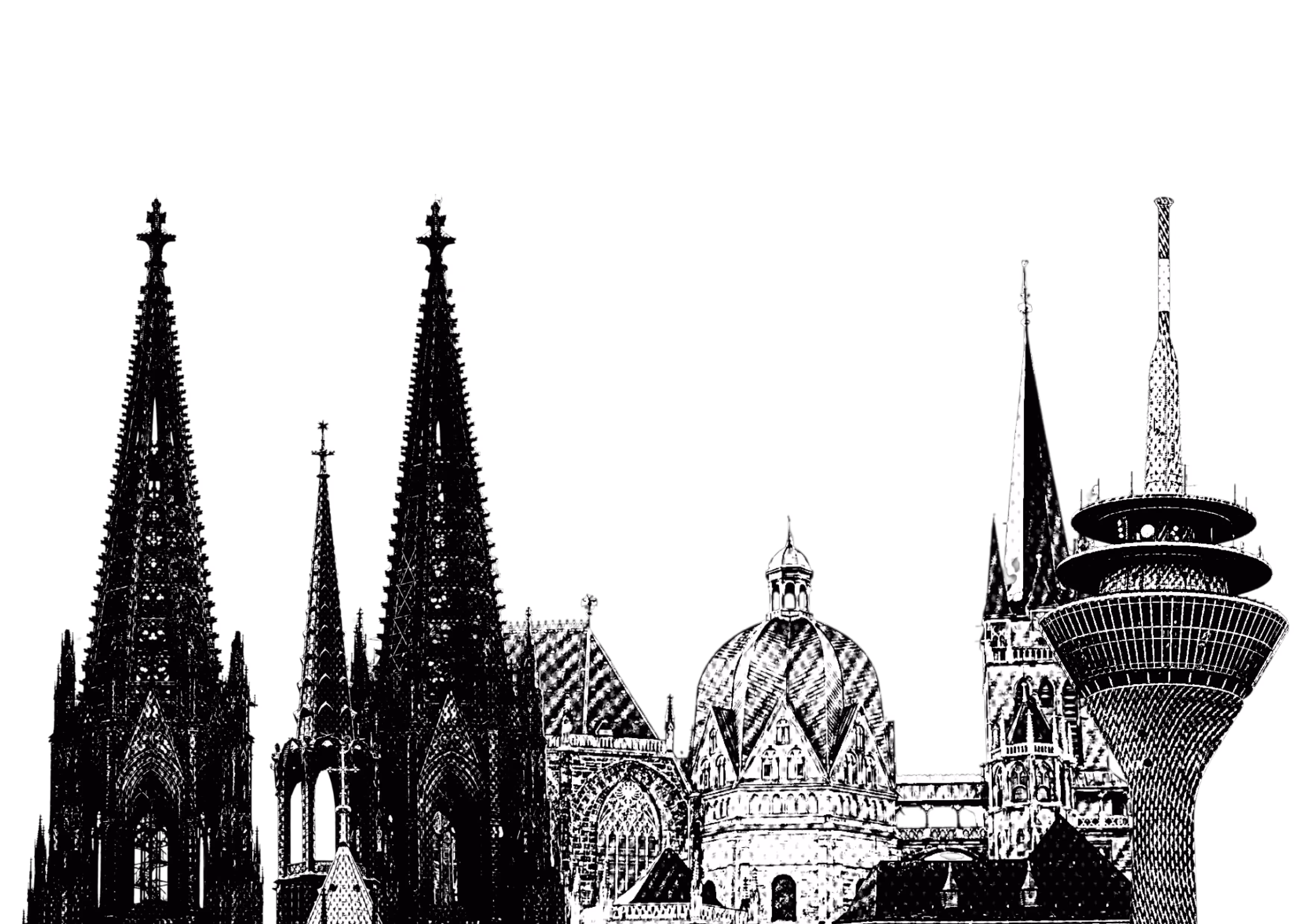 Black and white detailed illustration of Cologne city skyline featuring the Cologne Cathedral with its twin spires, Aachen domed buildings, and the Rhine Tower communications tower from Düsseldorf.