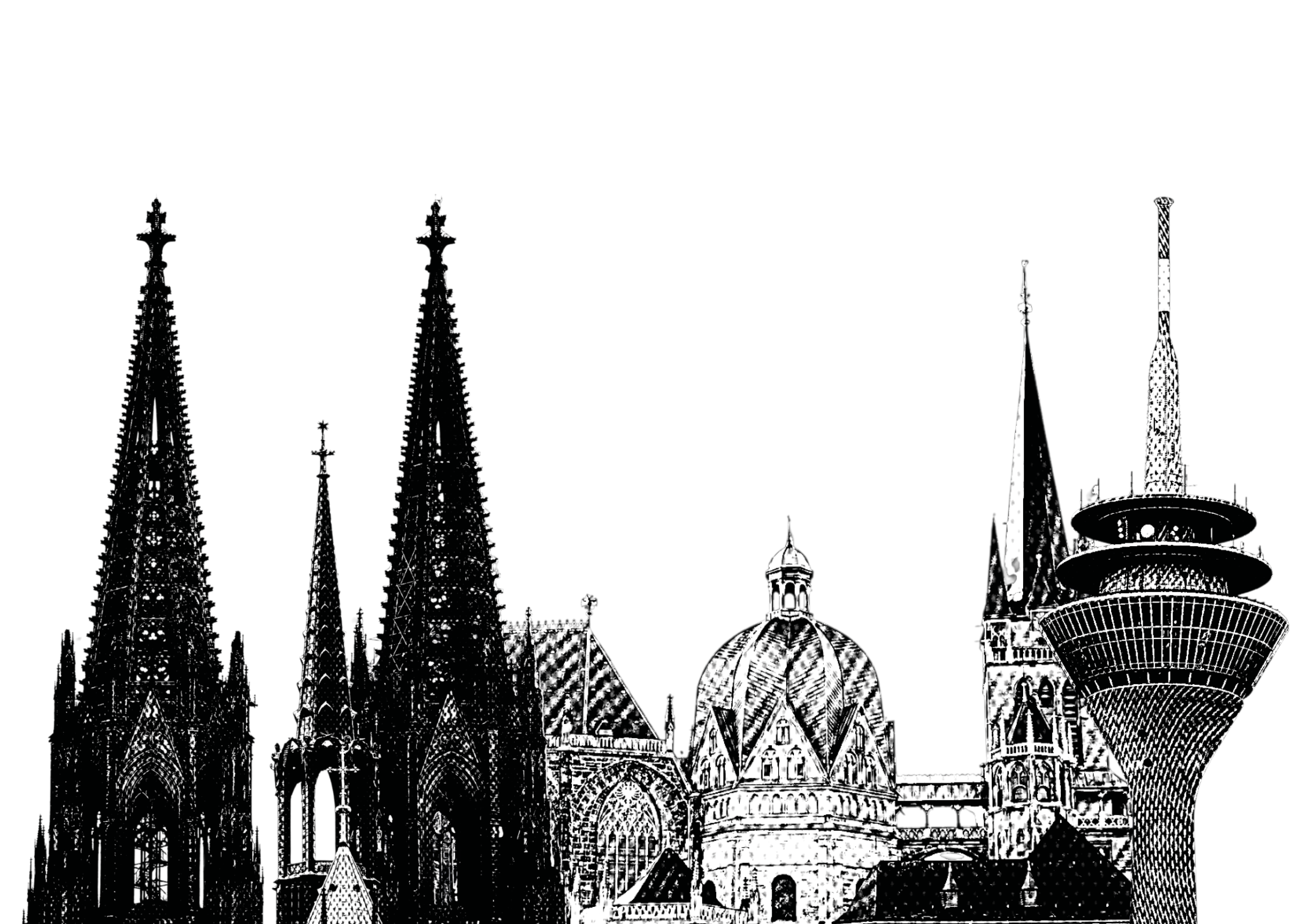 Black and white detailed illustration of Cologne city skyline featuring the Cologne Cathedral with its twin spires, Aachen domed buildings, and the Rhine Tower communications tower from Düsseldorf.