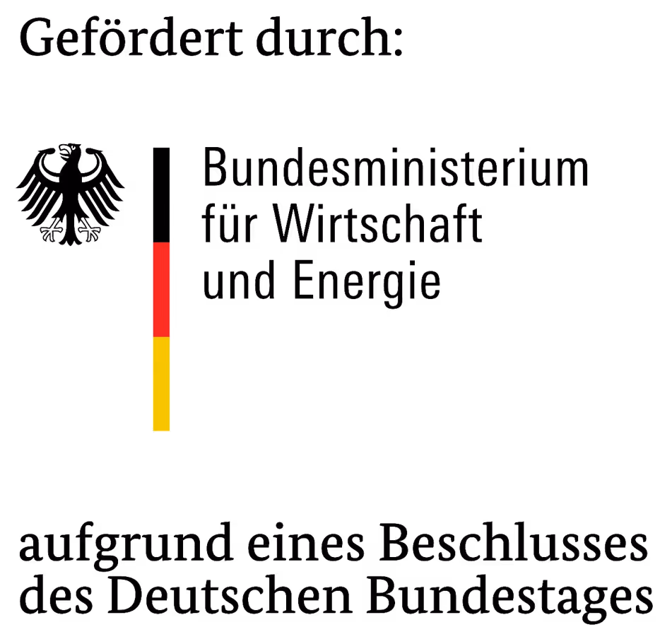 Logo with text saying 'Funded by: Federal Ministry for Economic Affairs and Energy based on a resolution of the German Bundestag' with the German eagle emblem and vertical black, red, and yellow bars.