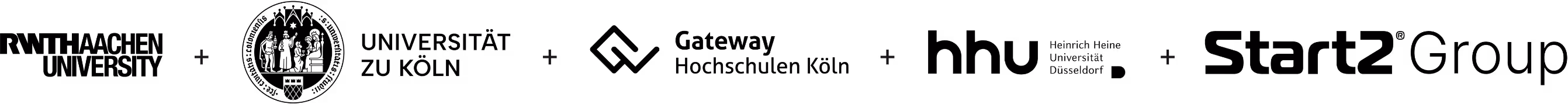 Logos of the consortium of Gateway Factory: RWTH Aachen University, University of Cologne, Gateway Hochschulen Köln, Heinrich-Heine University Düsseldorf and Start2 Group