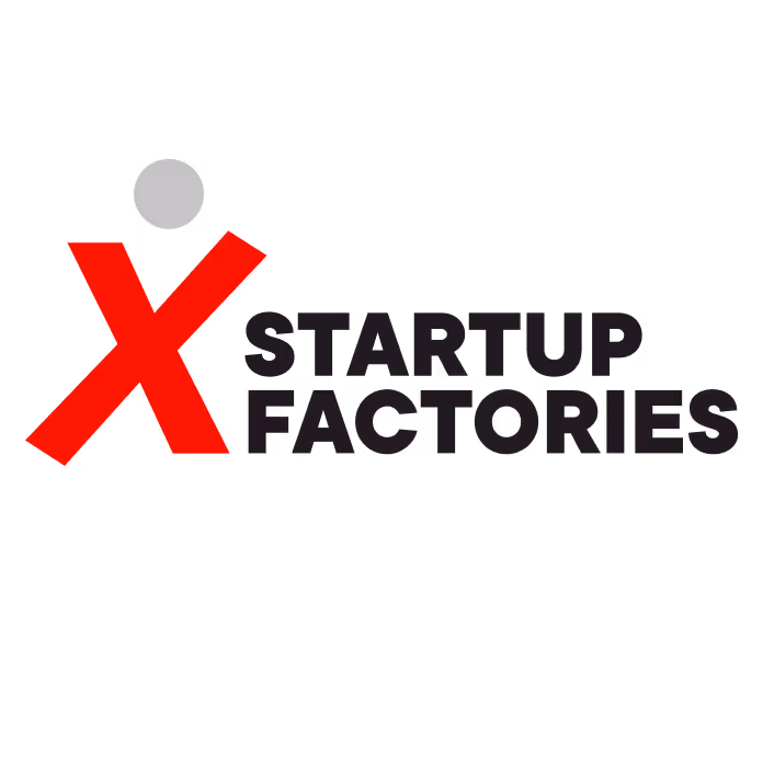 Logo with a red stylized X and a gray dot above it, followed by the text 'STARTUP FACTORIES' in bold black letters.