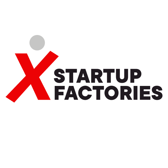 Logo with a red stylized X and a gray dot above it, followed by the text 'STARTUP FACTORIES' in bold black letters.