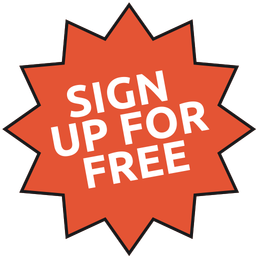 Orange starburst shape with white text saying 'SIGN UP FOR FREE'.