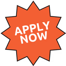 Orange starburst badge with white text saying 'APPLY NOW'.