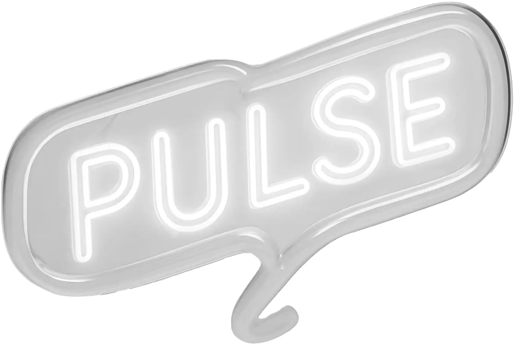 White neon sign displaying the word 'PULSE' inside a speech bubble shape on a transparent background.