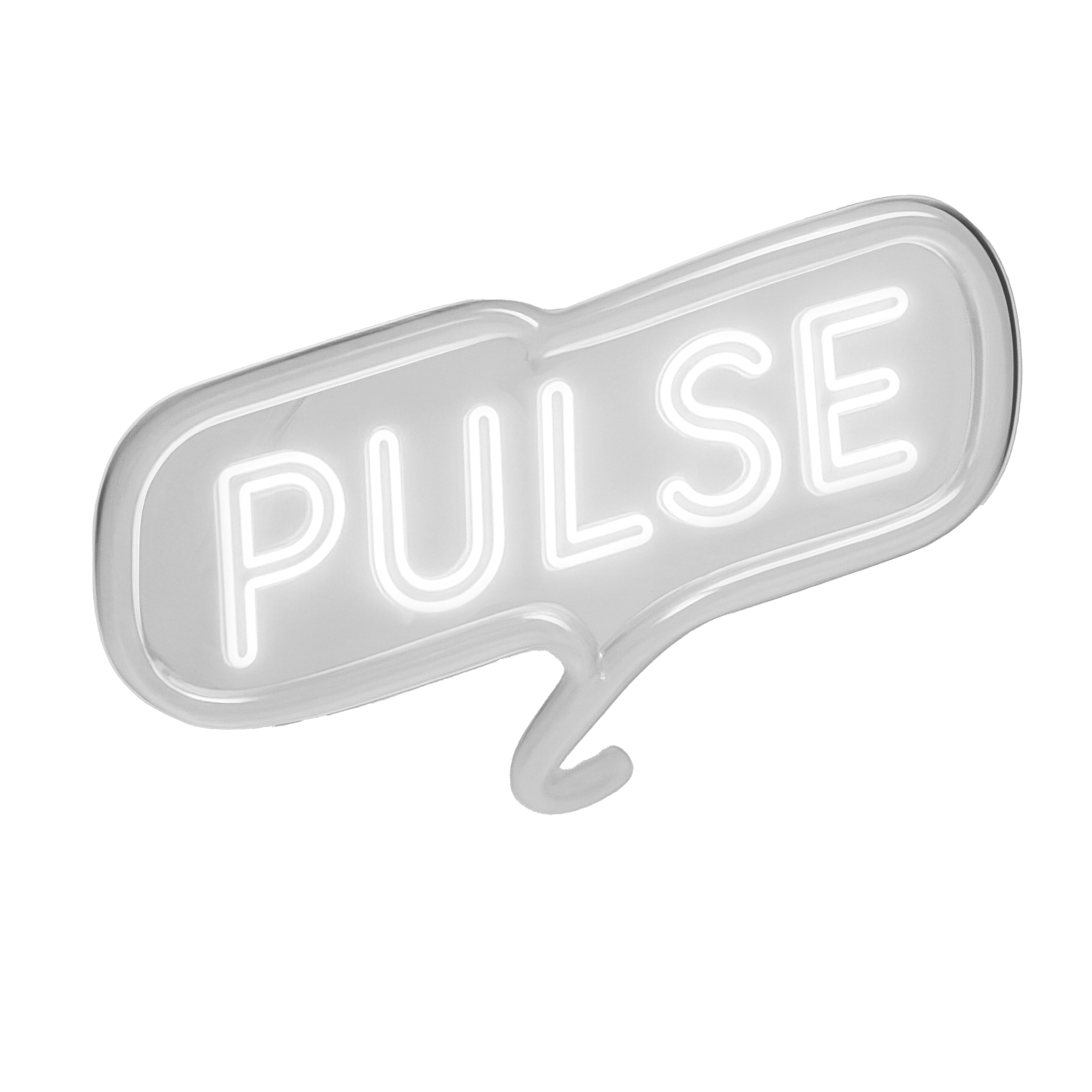 White neon sign displaying the word 'PULSE' inside a speech bubble shape on a transparent background.