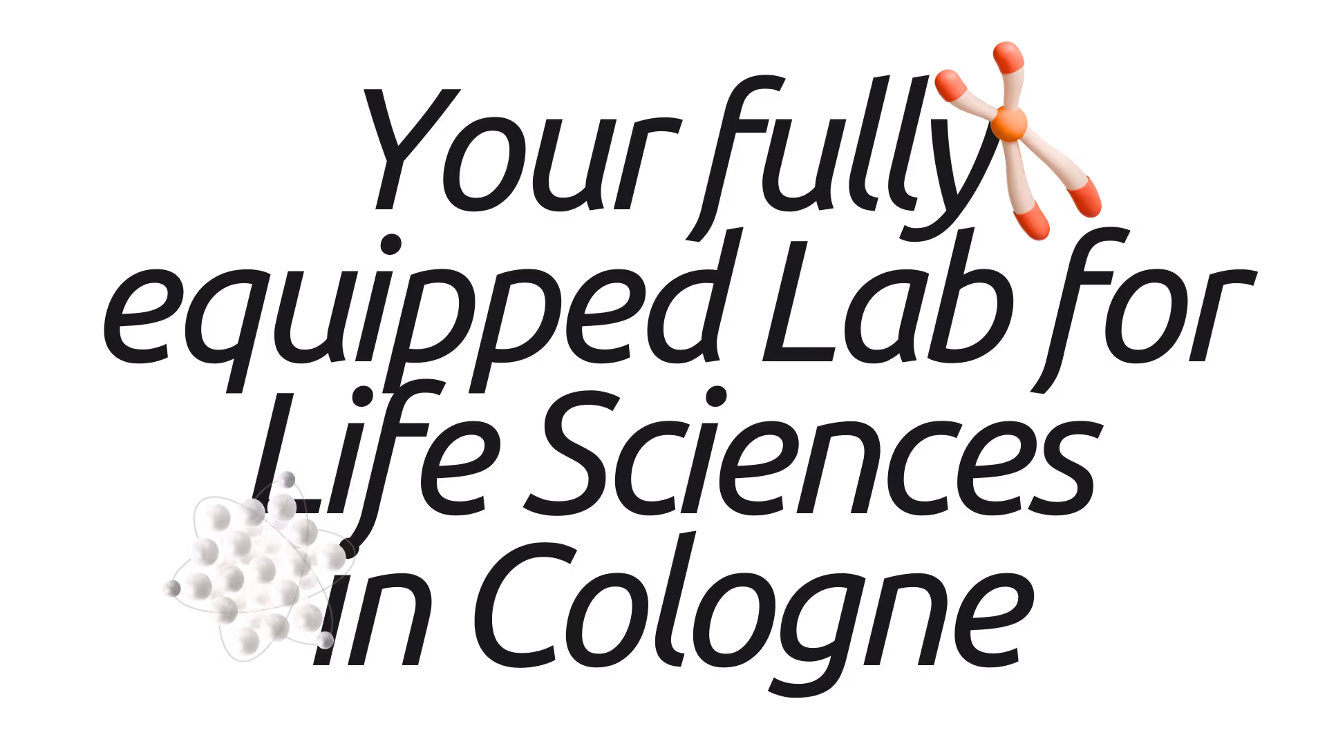 Text reading 'Your fully equipped Lab for Life Sciences in Cologne' with illustrations of a molecular structure and a chromosome.