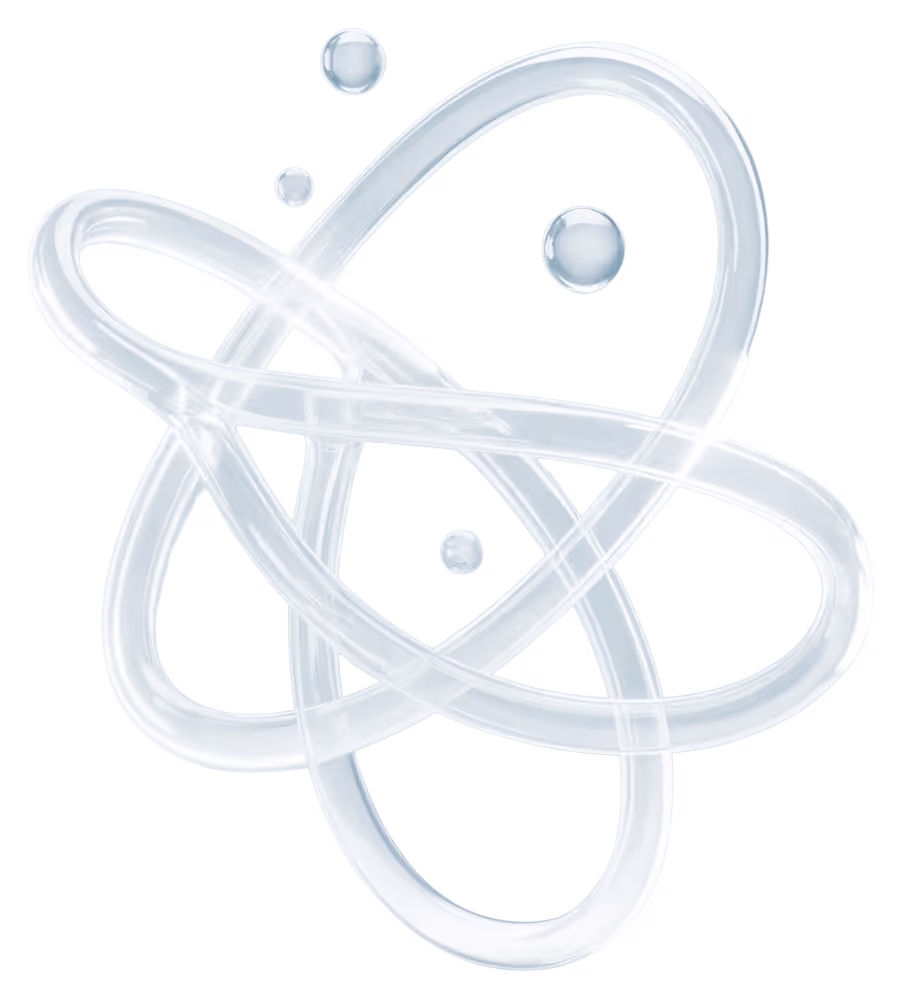 Transparent glowing loops forming an abstract atomic or molecular structure with spherical particles floating around on a light blue background.