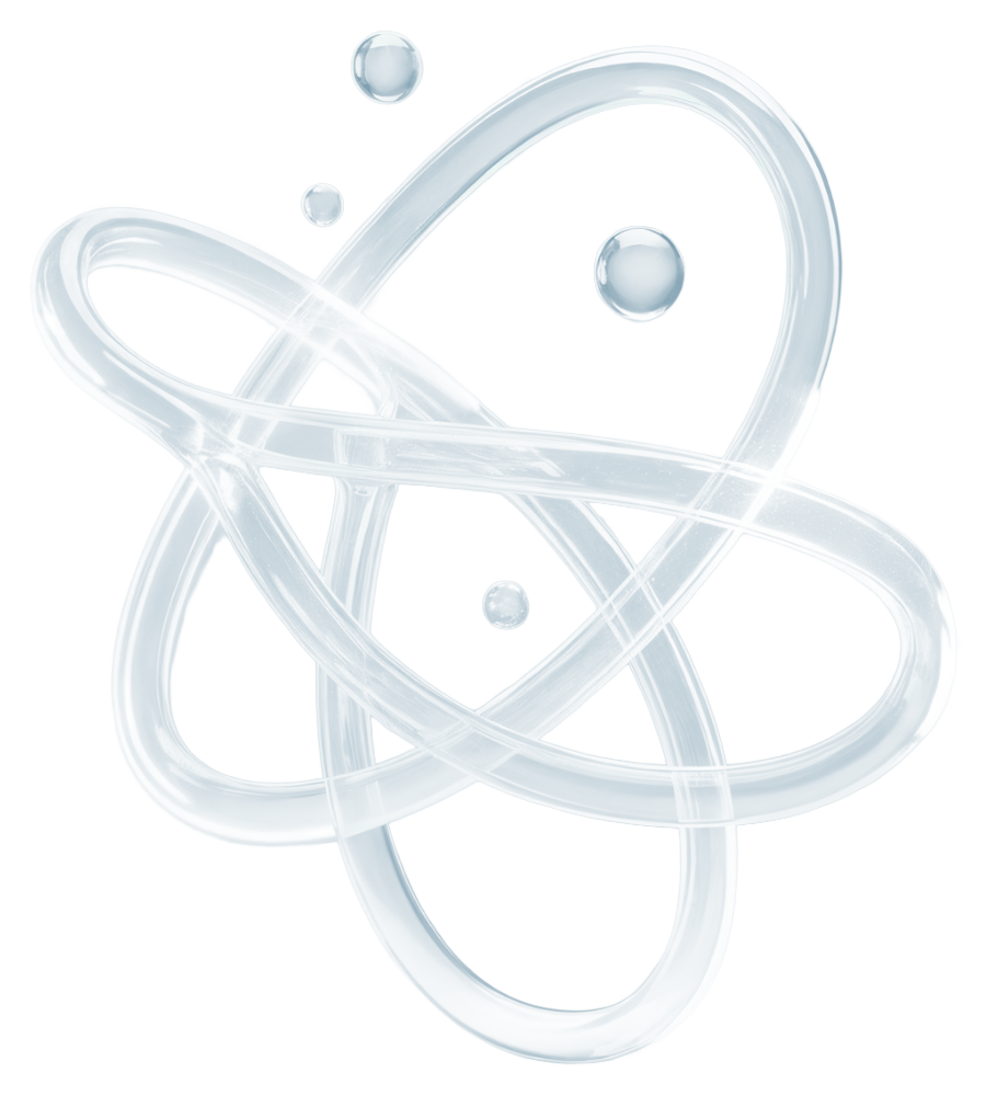 Transparent glowing loops forming an abstract atomic or molecular structure with spherical particles floating around on a light blue background.