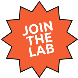 Orange starburst shape with white text saying 'JOIN THE LAB'.