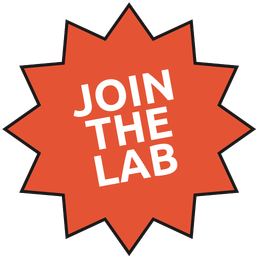Orange starburst shape with white text saying 'JOIN THE LAB'.