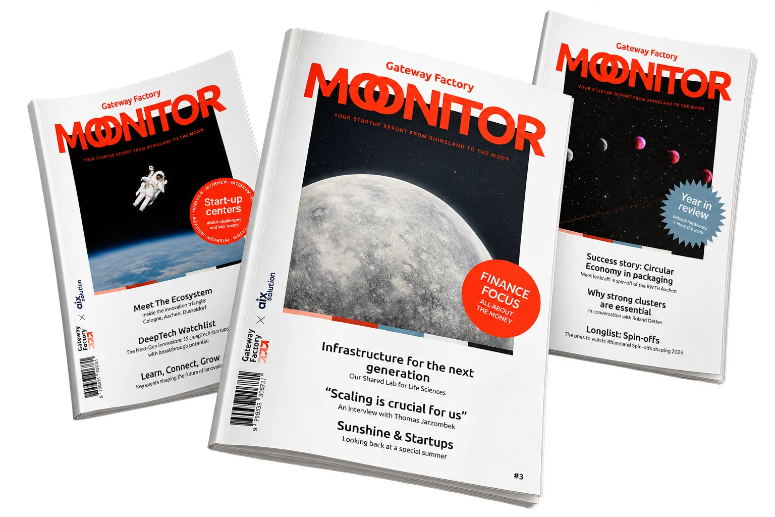 Three floating Moonitor magazines with issue 3 in front and issues 1 and 2 behind.