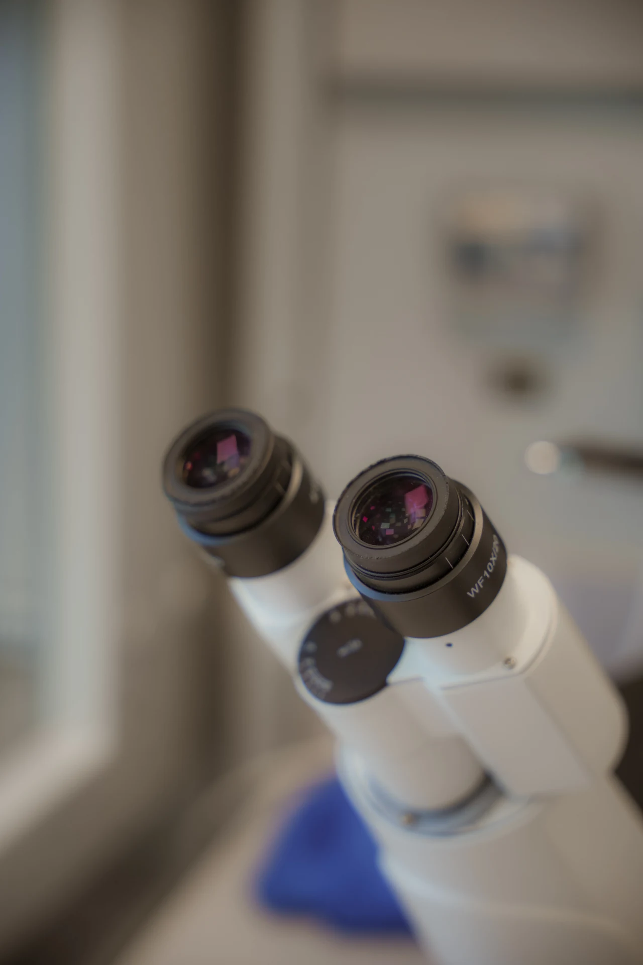 Close-up of microscope eyepieces