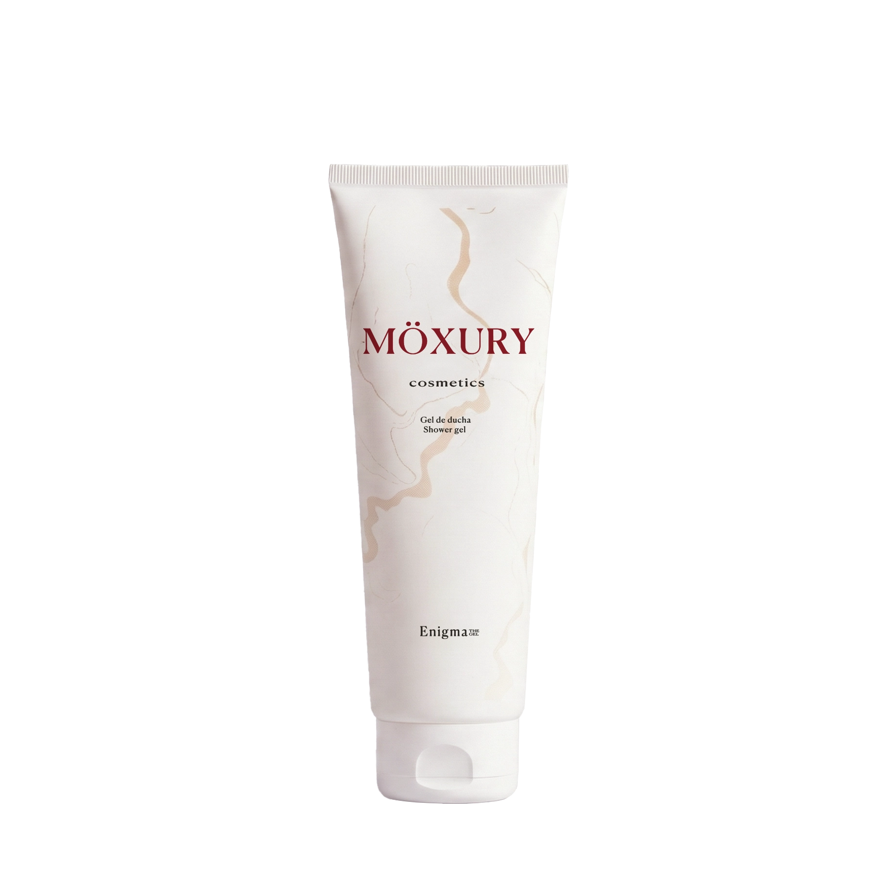 Envase blanco de gel de ducha MÖXURY Cosmetics, línea Enigma.