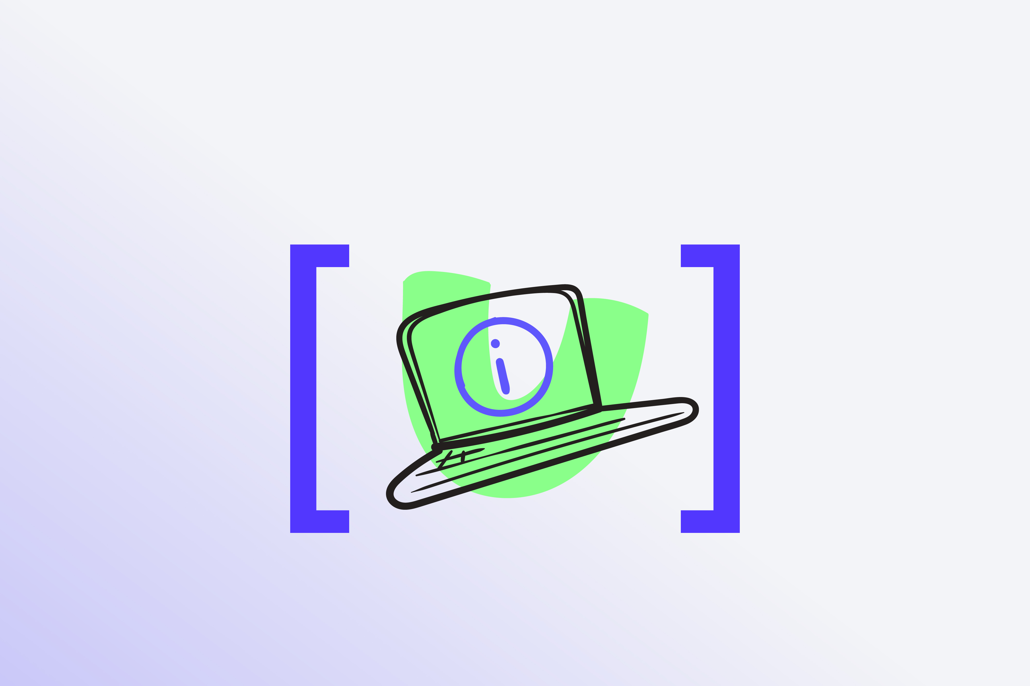 Abstract illustration of a laptop with an information icon on the screen, framed by blue brackets on a light background.