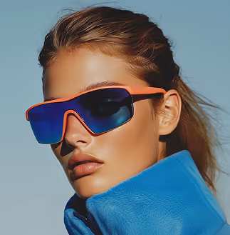 Blurred portrait of a person wearing dark sunglasses and a light-colored sweater against a clear blue sky.
