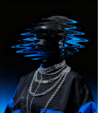 Person in black and blue outfit with multiple silver chains around neck, face distorted by blue ripple effect on dark background.