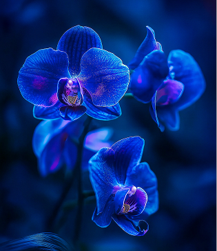 Close-up of vibrant blue orchids with detailed petals against a dark blurred background.