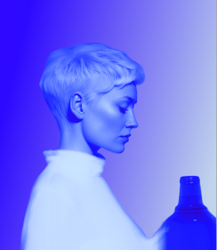 Side profile of a person with short hair holding a bottle against a blue gradient background.