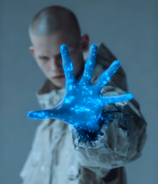 Person extends hand forward with digitally glowing blue holographic overlay on the palm and fingers.