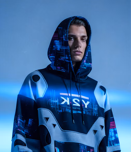 Young man wearing a futuristic black and blue hoodie with a digital pattern and the word 'ZKY' on the chest.