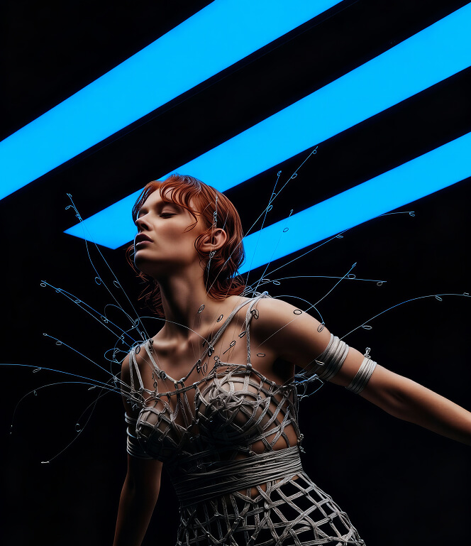Woman with short red hair wearing a futuristic netted outfit with thin wire-like extensions against a black background with blue diagonal light strips.