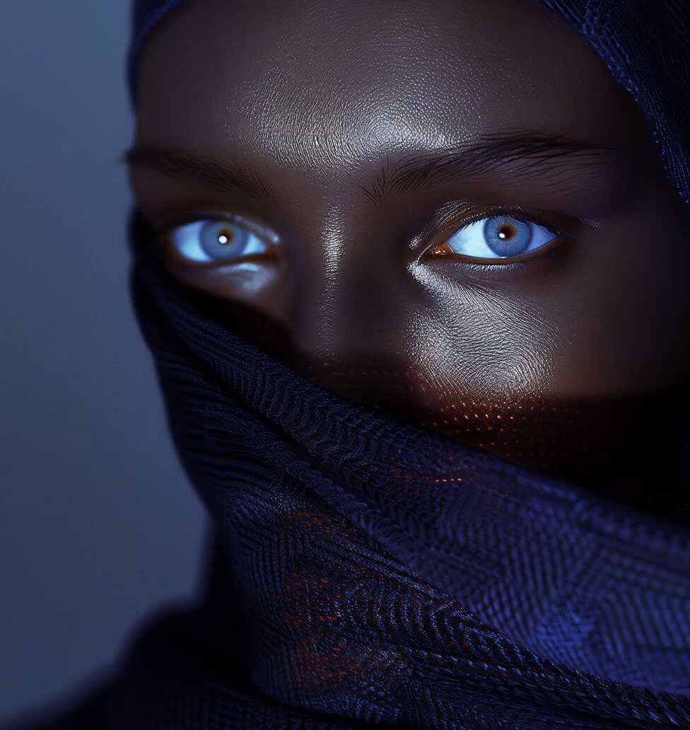 Close-up of a person with dark skin wearing a dark blue textured cloth covering the lower half of their face, revealing striking light blue eyes.