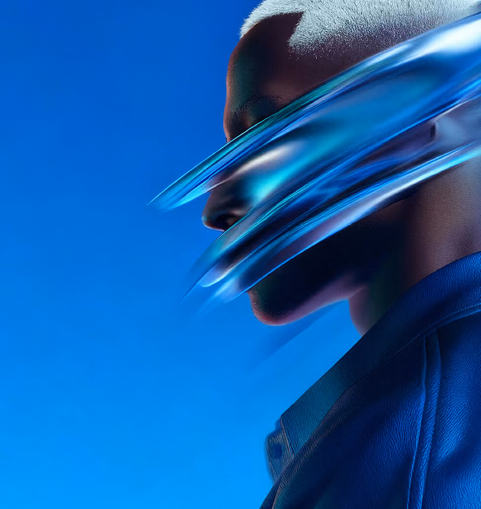 Side profile of a person with white hair wearing a dark jacket, with blue, streak-like digital effects across the face against a blue background.