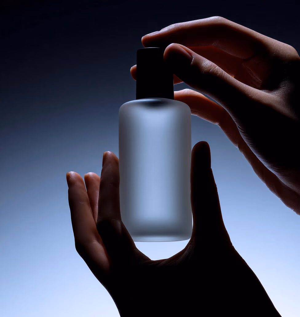 Hands holding a frosted glass cosmetic bottle with a black cap against a gradient blue background.