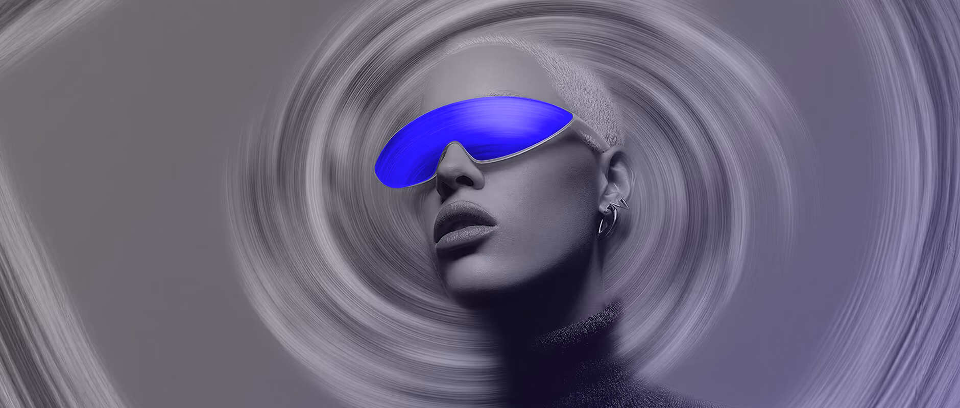 Stylized portrait of a person with short hair wearing futuristic blue visor glasses and a turtleneck against a swirling gray background.