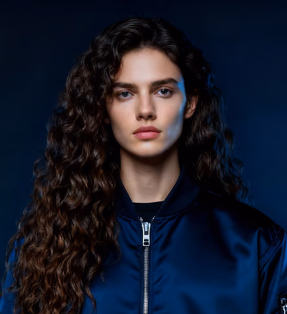 Young woman with long curly brown hair wearing a navy blue zip-up jacket against a dark background.