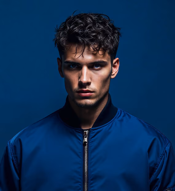 Portrait of a young man with curly dark hair wearing a blue zip-up jacket against a dark blue background.