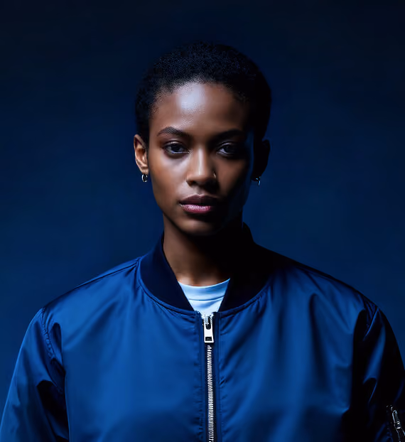 Portrait of a serious young woman with short hair wearing a blue jacket against a dark background.