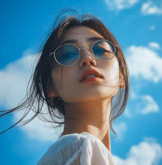 Young woman with round sunglasses and loose hair looking upwards against a blue sky with clouds.