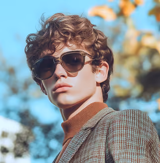 Young man with curly hair wearing large sunglasses, a brown turtleneck, and a checkered blazer outdoors.