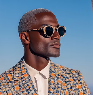 Stylish man wearing patterned sunglasses and a colorful checkered jacket against a clear blue sky.